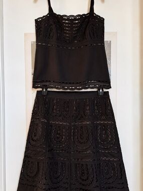 Ann Taylor Black Lace Eyelet 2 Piece Matching Top & Skirt Set